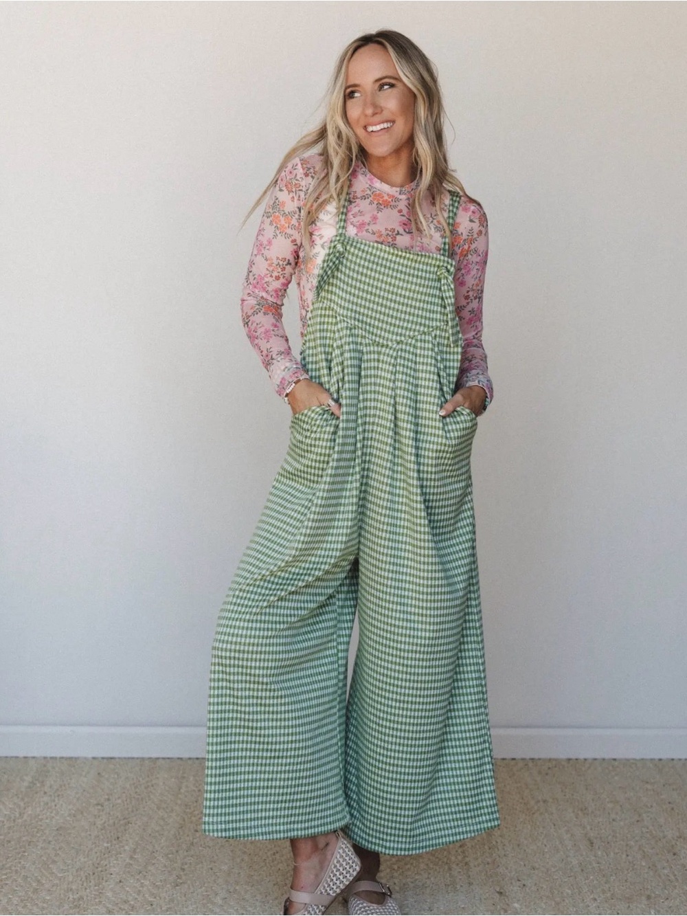 Three Bird Nest Green Gingham Wide-Leg Overalls Jumpsuit